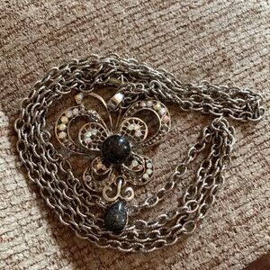 Vintage large butterfly w crystals pendant on 48” silver tone chain